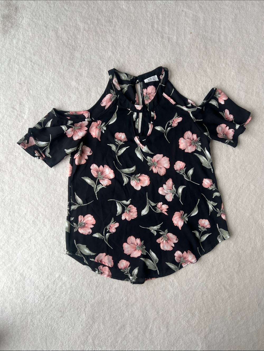 Floral Cold-Shoulder Blouse - Black with Pink Flowers